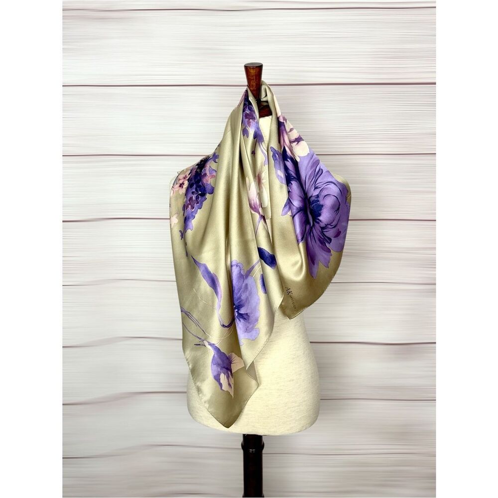 Anne Klein Silk Scarf Light Olive Green Purple Floral Print Square 31x31"